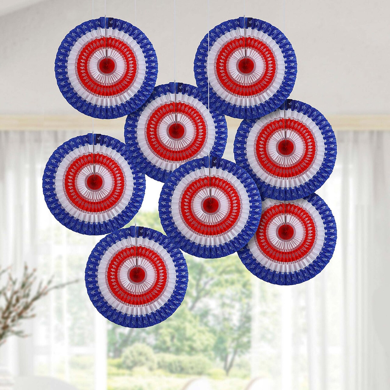 20" diam Patriotic Stars & Stripes Cutout Hanging Paper Fans 12 Pieces